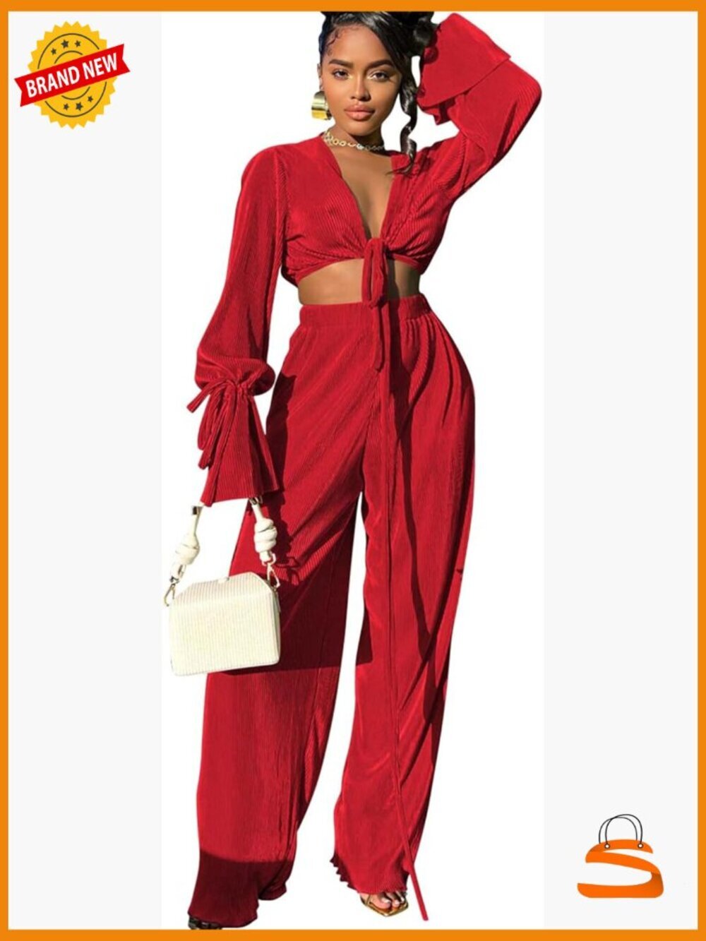 Linen 2 Piece Outfit Women Bell Sleeve Top Wide Leg Pants Set Beach Vacation